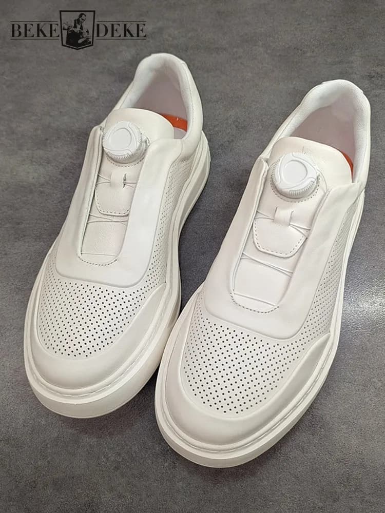 Mens Summer Breathable Hollow Out Skateboard Shoes Slip On Loafers Low Cut Cowhide Genuine Leather Sneakers Joggers Casual Shoes