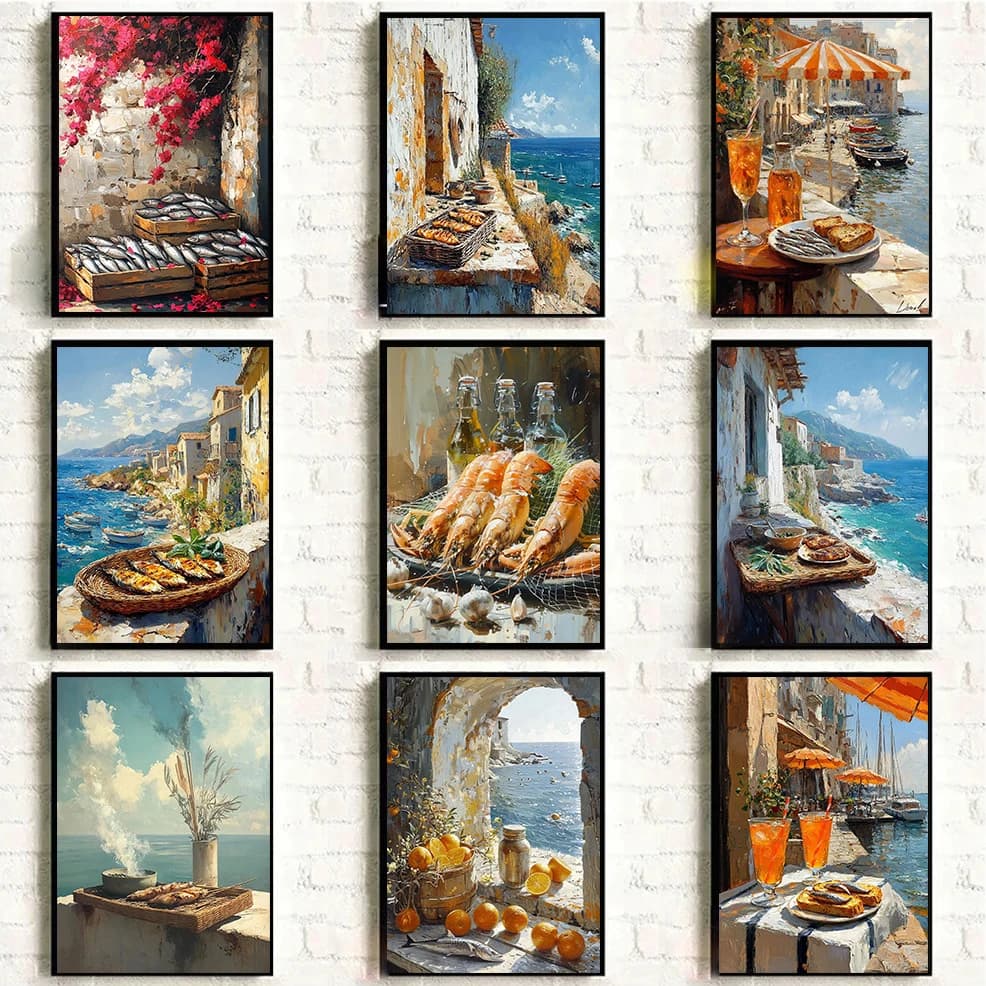 Fishing Coastal Village Mediterranean Courtyard Cuisine Sea Flower Balcony Scene Poster Canvas Oil Painting Printing Home Dec