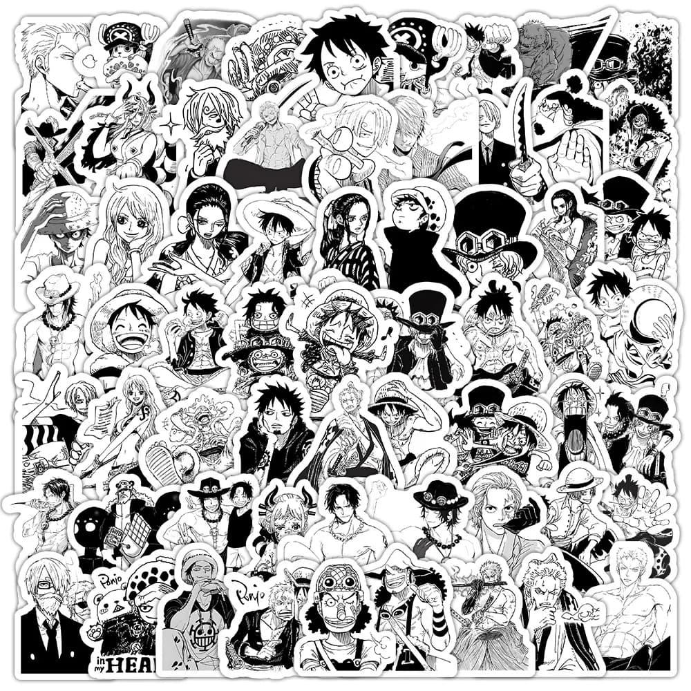 100 adesivi One Piece in bianco e nero, adesivi impermeabili, stile fumetto, con Luffy, Zoro, Ace e Law, adatti per quaderni, bottiglie d'acqua, skateboard, fantastici adesivi anime senza duplicati, perfetti come regalo