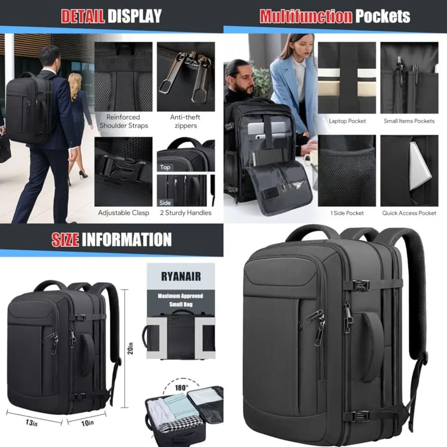 Zaino da viaggio extra large con garanzia a vita, zaino espandibile da cabina con tasca impermeabile per uomo e donna, anti-