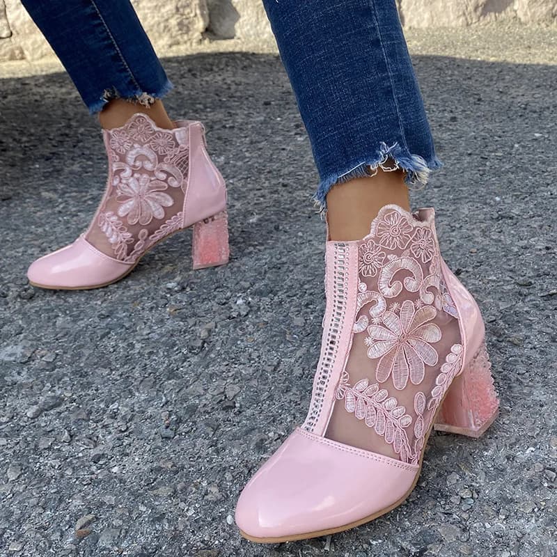 Spring Summer New Lace Floral Net Women's Sandals Crystal High Heel Cap Toe Hollow out Roman Style Women's Boots Shoes