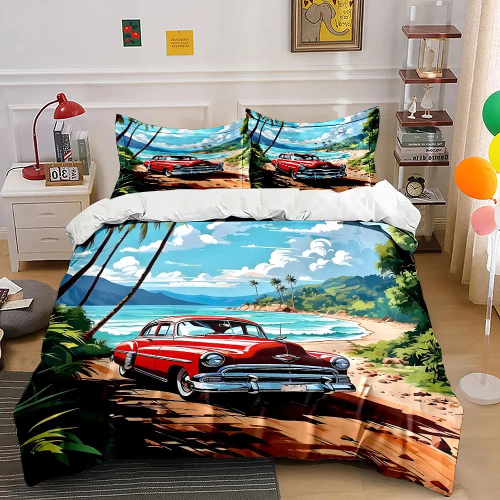 Set copripiumino con motivo auto d'epoca rossa e paesaggio costiero, stampa digitale, biancheria da letto colorata in poliestere con chiusura a cerniera, ideale come regalo