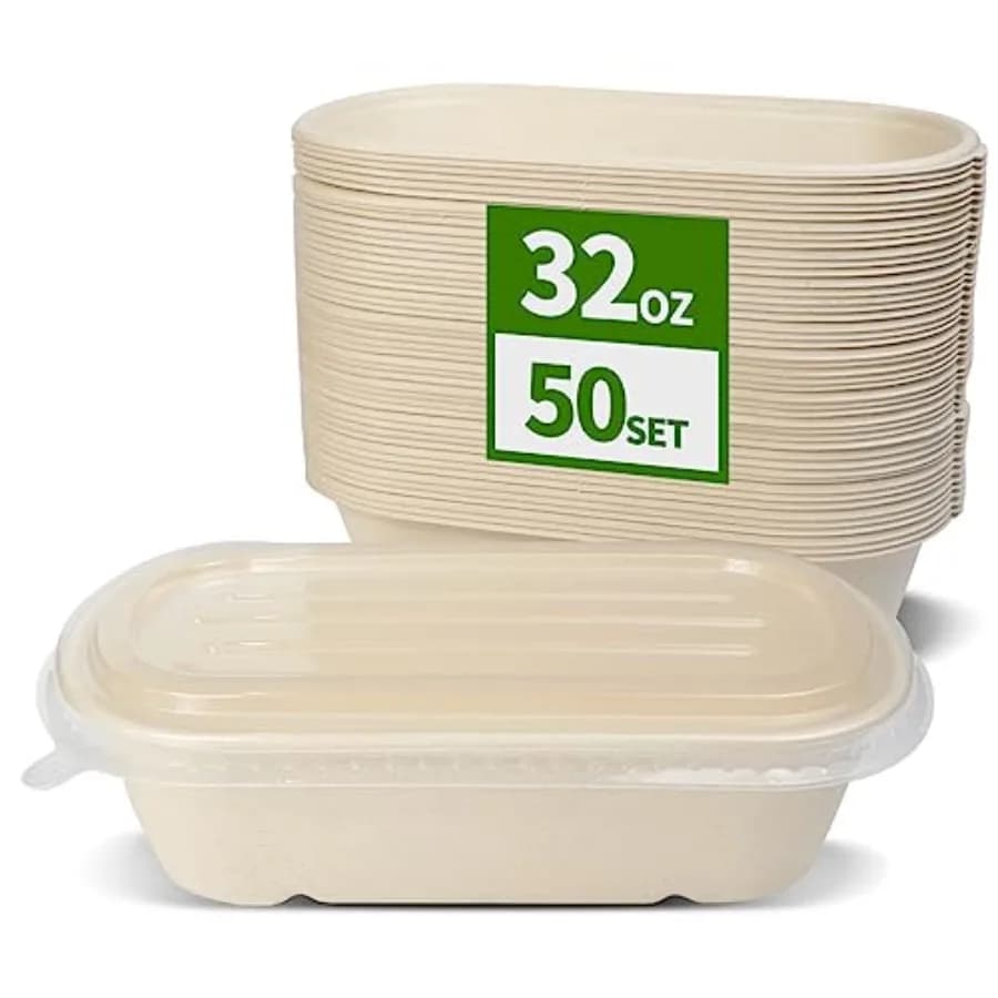 32 oz Paper Meal Prep Containers with Lids 50 Pack Disposable Food Containers for Meal Prep, Take Out, Leftover, Compostable an