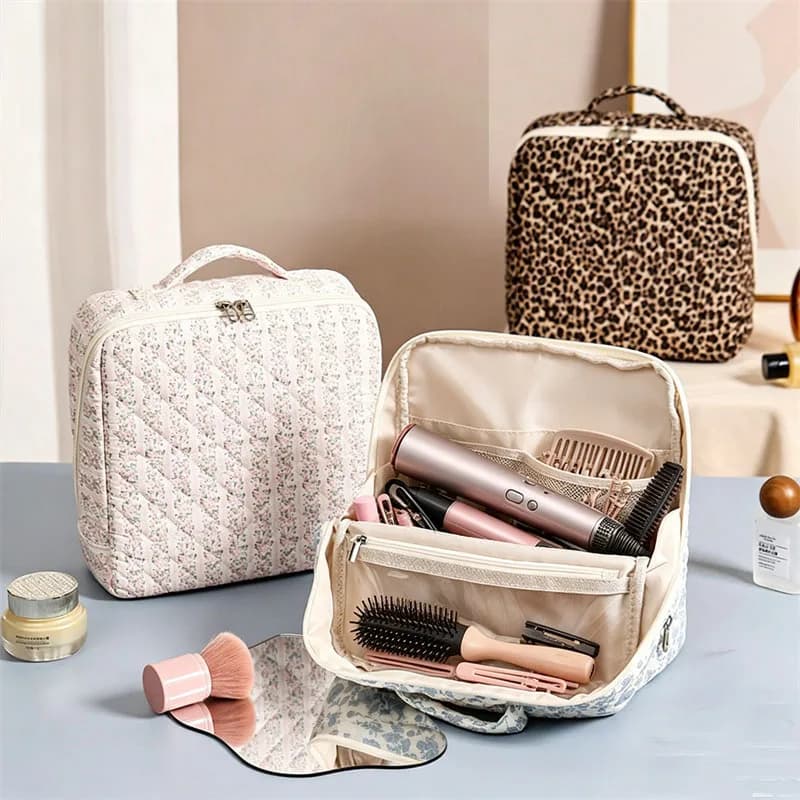 Borsa Porta Utensili per Acconciature con Stampa Floreale e Leopardata, Organizer Multicomparto in Cotone per Ferro Arricciacapelli e Asciugacapelli