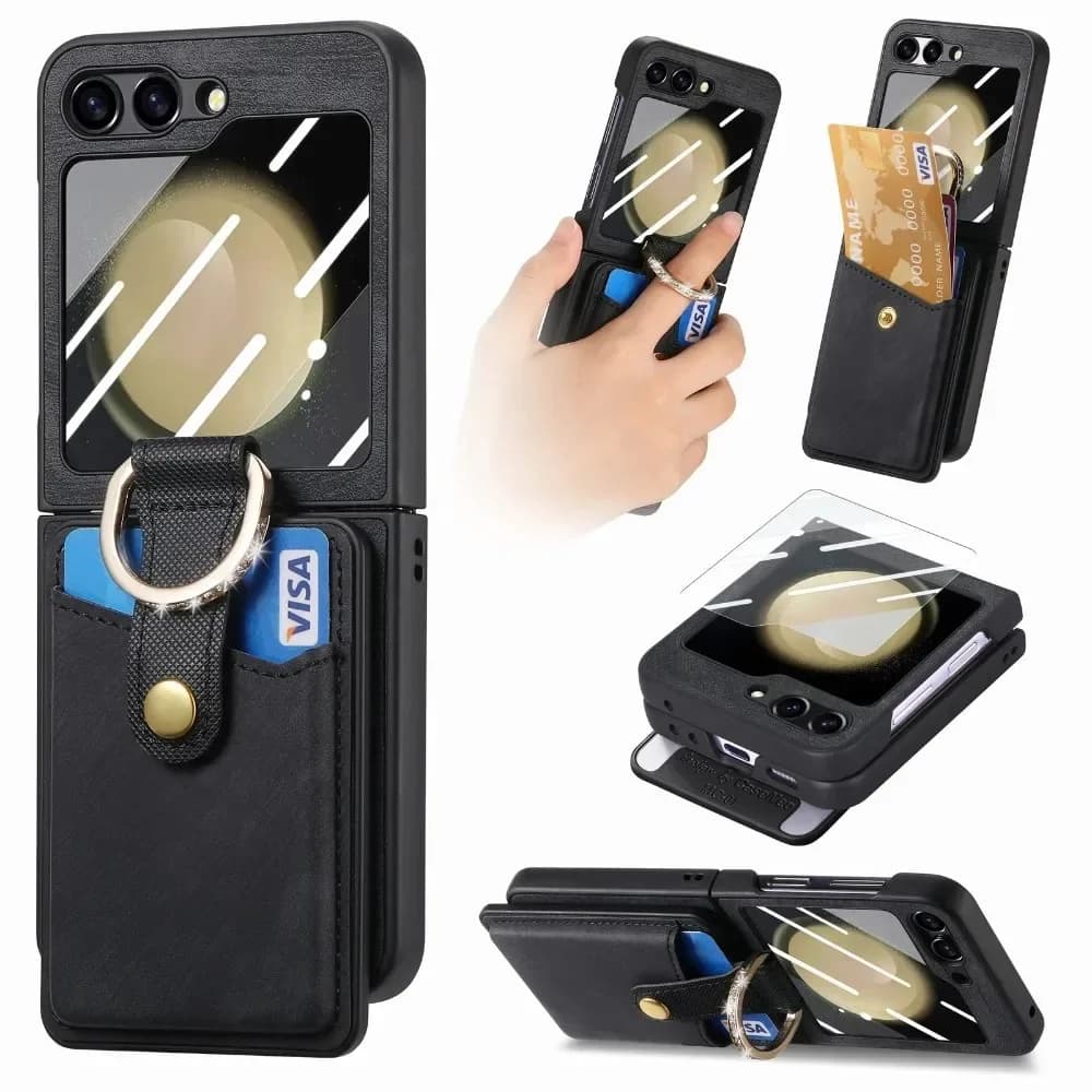 Removable 2 in 1 magnetic wallet phone case for Samsung Z Flip 5 Flip5 5G card holder with finger ring PU leather case with film