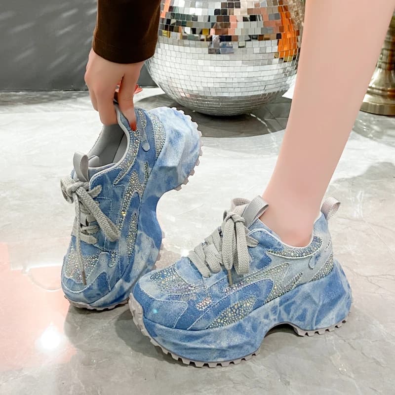 7CM Donna Argento Cristallo Casual Tela Chunky Sneakers Donna Scarpe sportive alla moda Lace-Up Piattaforma Scarpe di lusso zapatos mujer