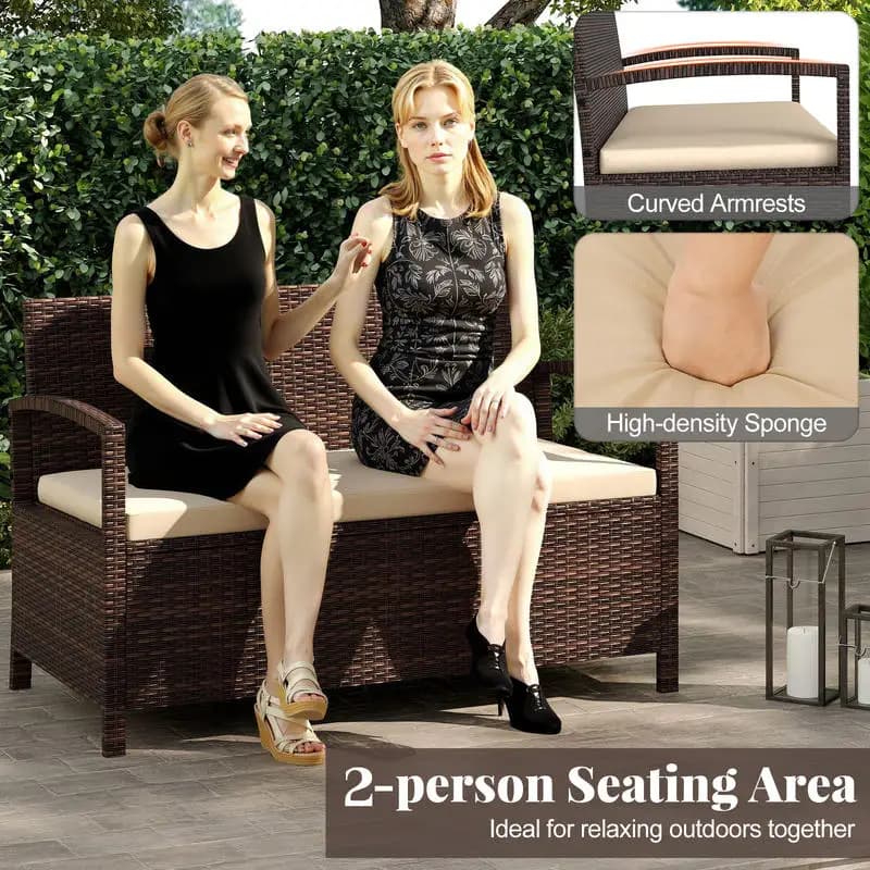 Panca Contenitore da Esterno in PE Wicker a 2 Posti con Cuscino e Box Contenitore da 160 Litri - Beige