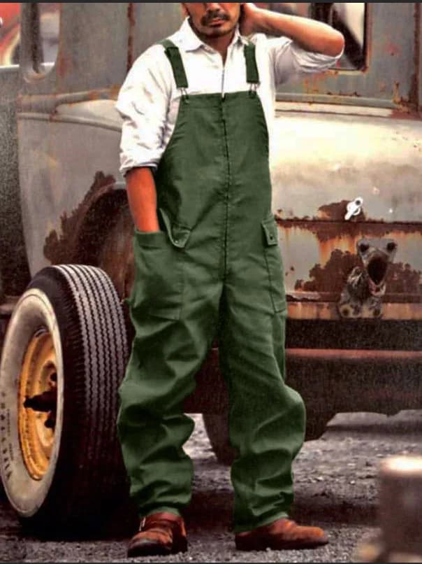 Straight leg casual salopette, wide fit, colorful cargo pants, leisure pants with medium waist belt, kaki color