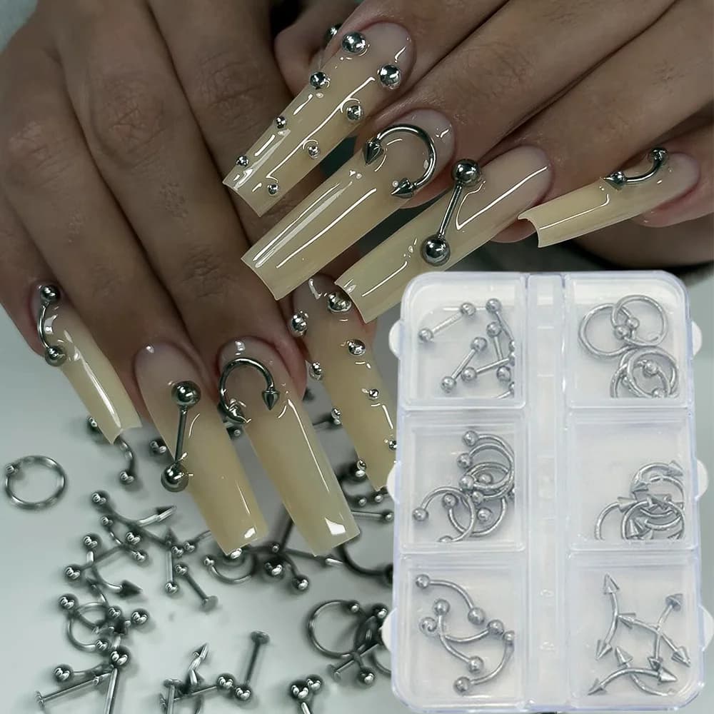 6Grids 3D Punk Style Rivets Nail Art Charms Halloween Dark Ring Arrow Rivet Y2K Nail Art Decorations DIY Cool Manicure Accessory