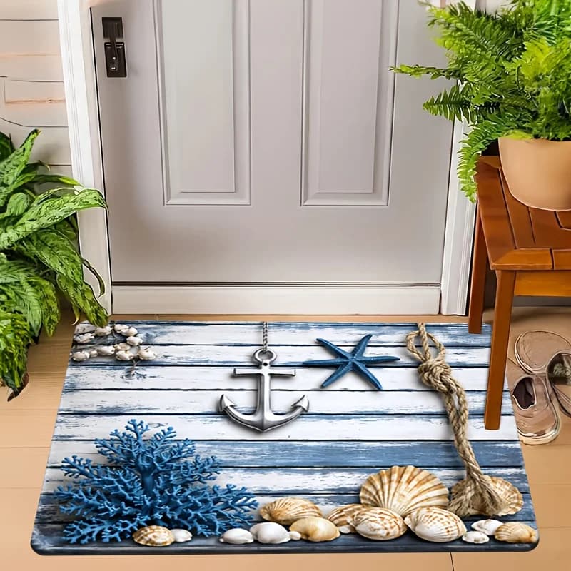 Nautical-Themed Doormat | 1Pc Outdoor Rug with Anchor, Starfish, and Seashell Patterns, Machine Washable, Suitable for Coastal Decor in Entryways, Bathrooms, Kitchens, Bedrooms, Hallways, and Laundry Rooms