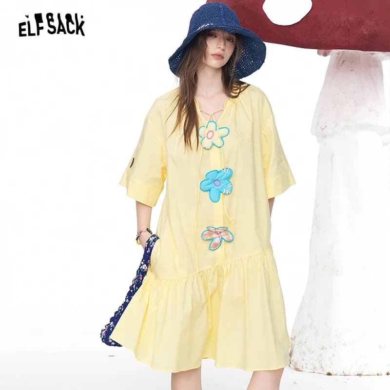 ELFSACK Abito da donna con applicazioni floreali, mini abito a trapezio a maniche corte con scollo a V, abito casual con orlo irregolare