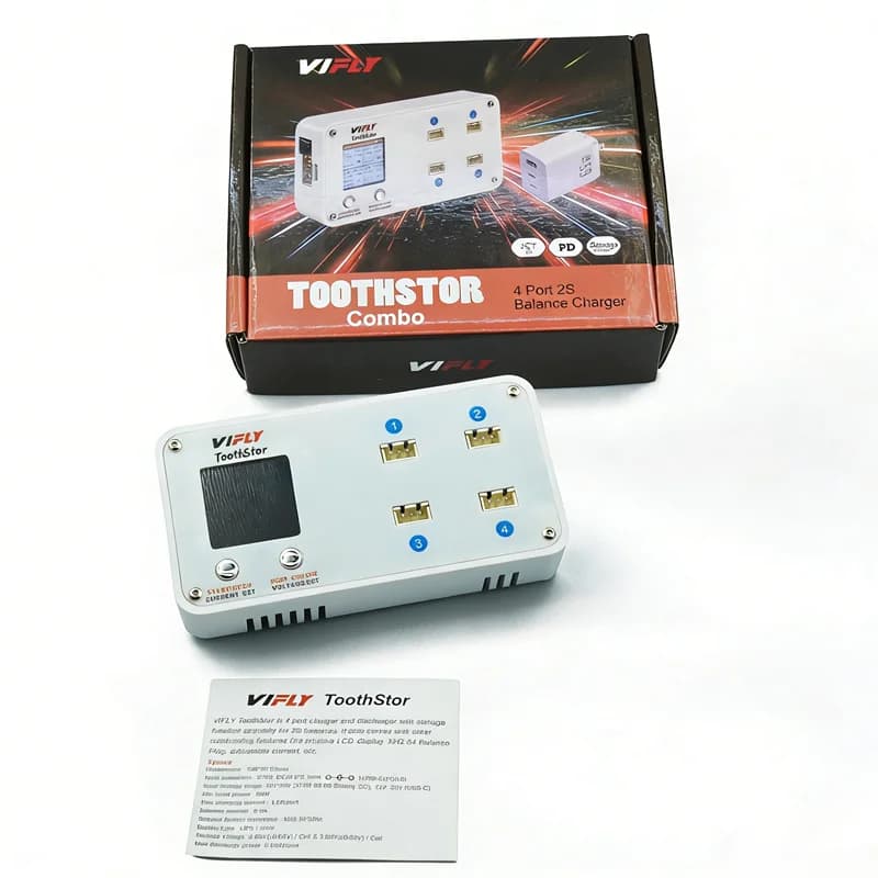 Caricabatterie Bilanciato Vifly Toothstor 2S a 4 Porte con Funzione di Archiviazione e Connettore BT3.0 per Batterie Lipo FPV
