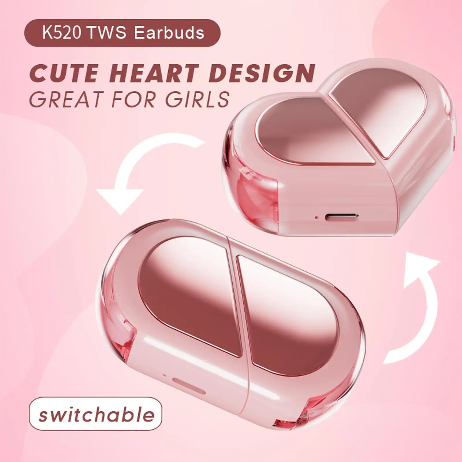 Auricolari wireless a cuore rosa Simpatiche donne invisibili Auricolari Bluetooth in oro rosa Kawai Buds per iPhone Android Ragazze Amanti dei bambini