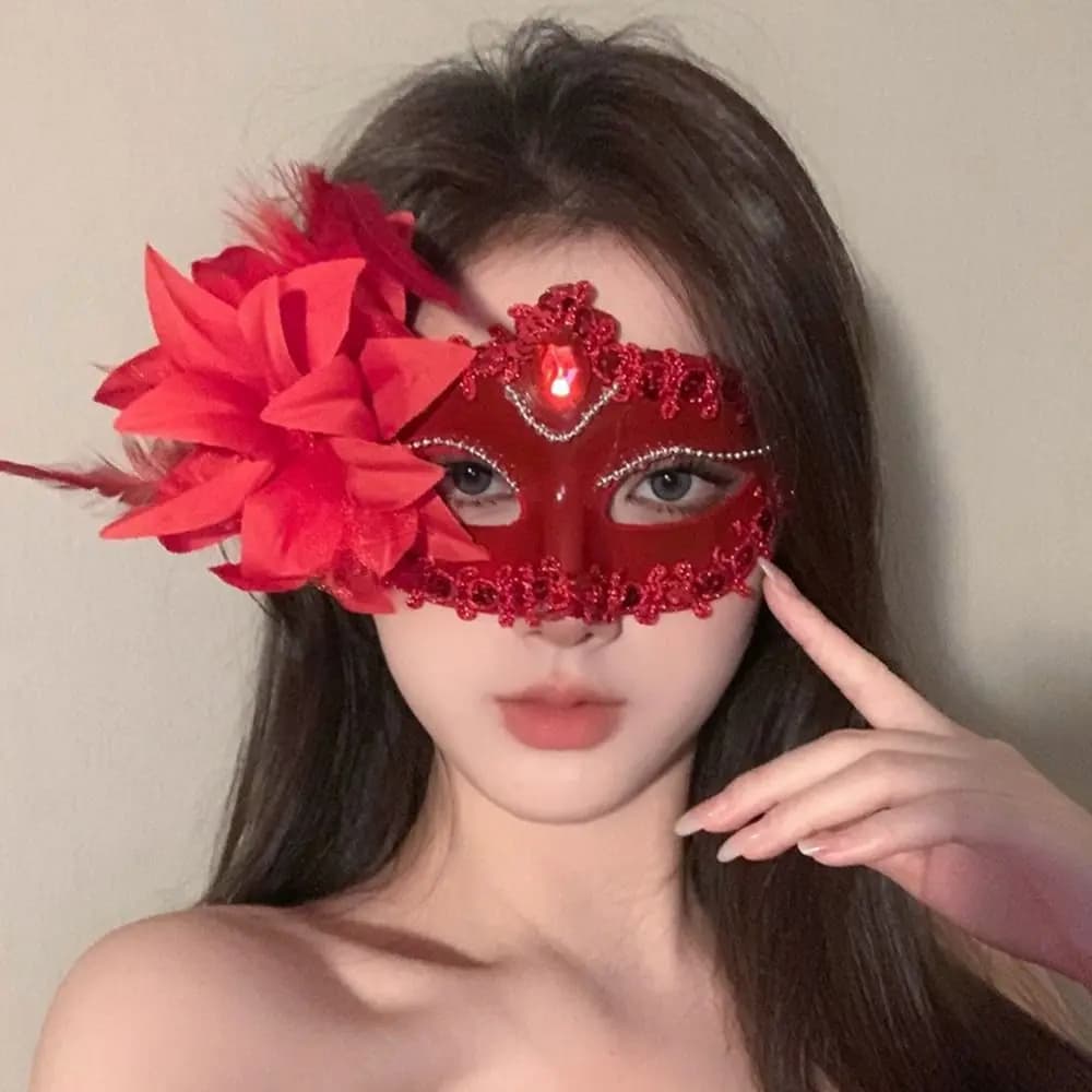 Maschere Veneziane da Festa con Bastoncino, Maschere per Carnevale con Fiore Laterale, Costume per Festival e Feste in Maschera