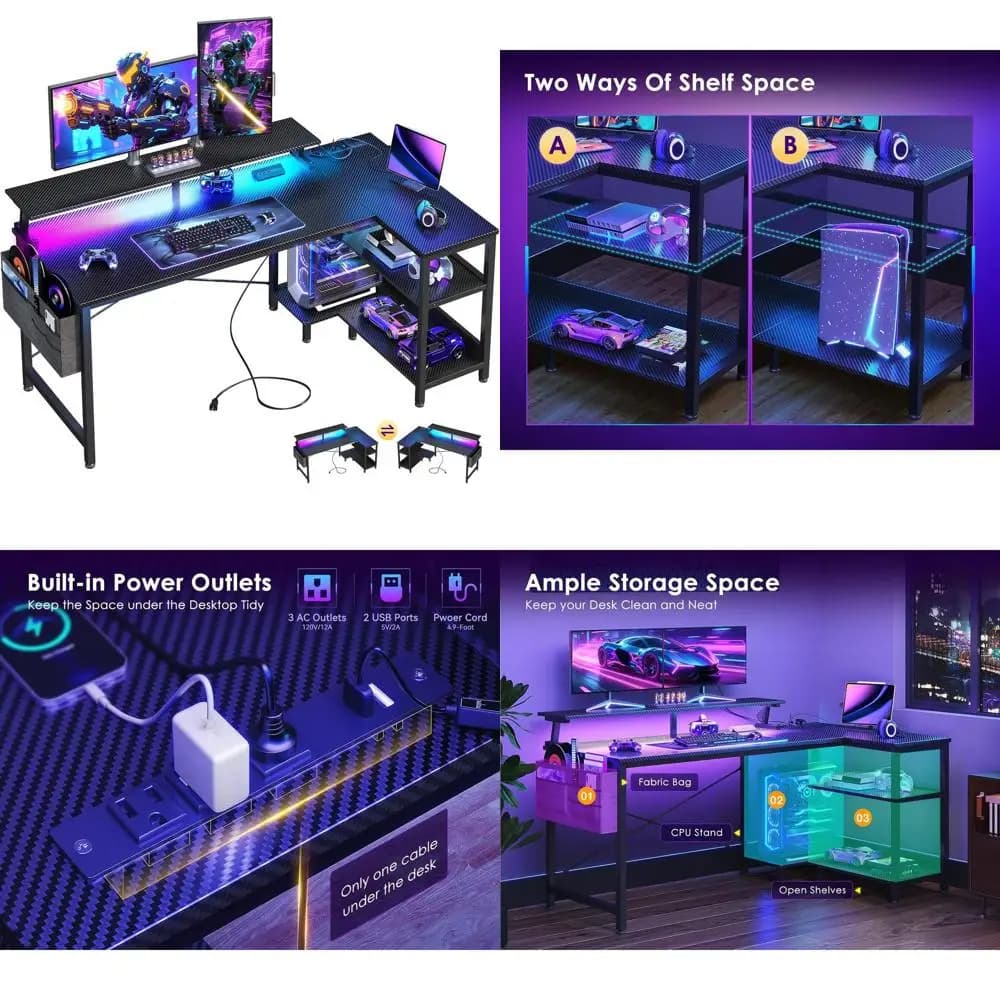 L-shaped gaming desk with 48 LEDs, USB ports, storage space and monitor support, black color
