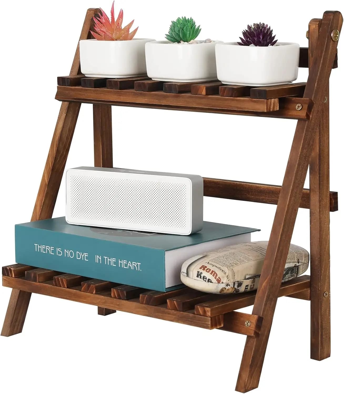 2 Tier Tabletop Plant Stand Step Style Desktop Storage Organizer Wood Display Shelf Foldable Small Plant Shelf