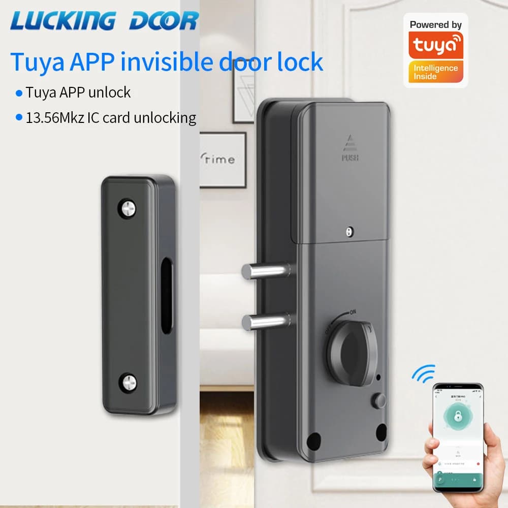 Bluetooth Tuya APP Control 13,56 mhz IC Card Smart Invisible Lock Keyless No drill Hidden installation Engine lock for wooden door