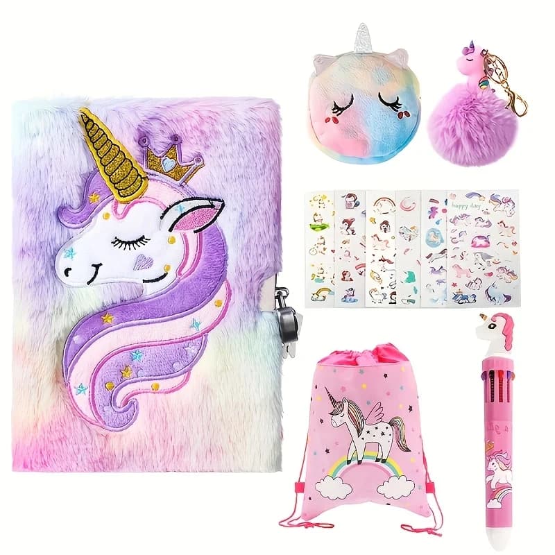 Set di 11 Pezzi Diario Unicorno - Regalo di Cancelleria Carino con Lucchetto e Chiave, Quaderno con Copertina Rigida Tie-Dye Sfumato, 160 Pagine