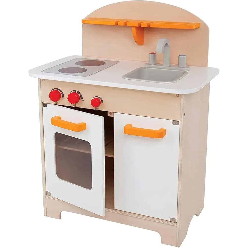 Set Cucina Giocattolo in Legno per Bambini con Lavello, Fornello, Forno, Armadietto, Manopole Girevoli e Porta Spezie