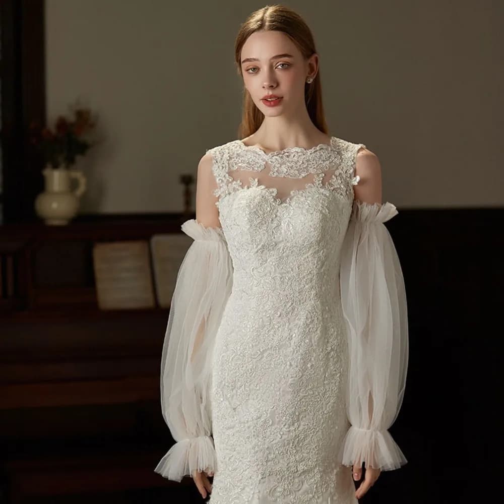 Eleganti Maniche da Sposa in Filato, Copribraccia Traspiranti e Sottili, Maniche Lunghe da Sposa in Pizzo Plissettato Tinta Unita per Donne