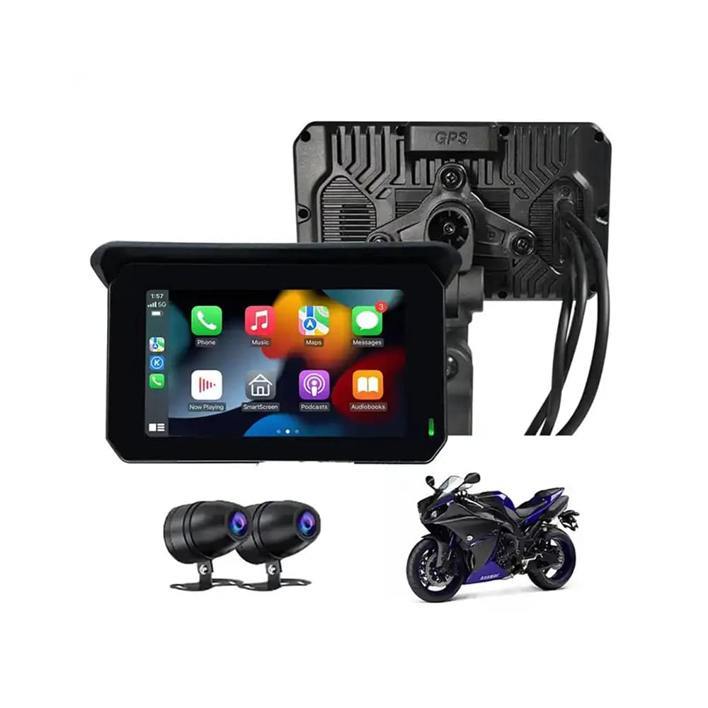 Dashcam per Moto 1080P Impermeabile con Schermo da 5 Pollici, Carplay Wireless e Android Auto, Registratore Video DVR per Motociclette