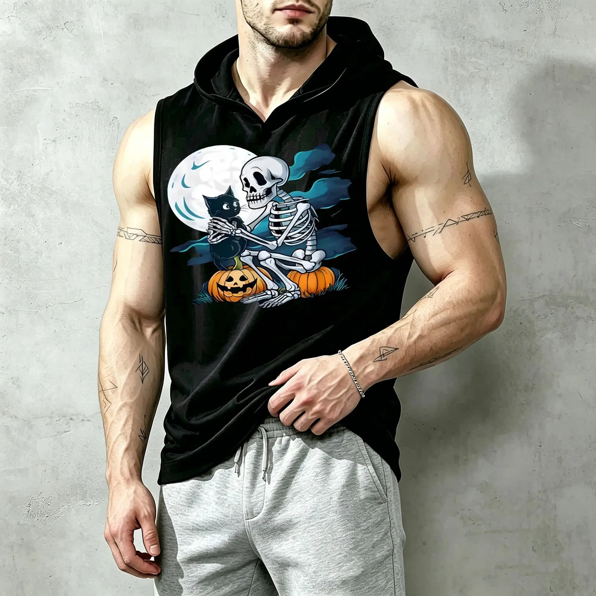 2026 New Unisex Sleeveless Hooded Sweatshirt, Night Scene Pumpkin and Skull Cat Print, S-Xxl Sizes, Halloween Outfit, Gym Wear, Lightweight Fabric, Loose Fit