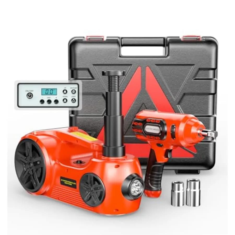 Kit Sollevatore Idraulico Elettrico 3-in-1 per Auto, Capacità 5 Tonnellate, Altezza Sollevamento 20,9 Pollici, con Display Digitale, Gonfiatore Pneumatici e LED, Portatile 12V