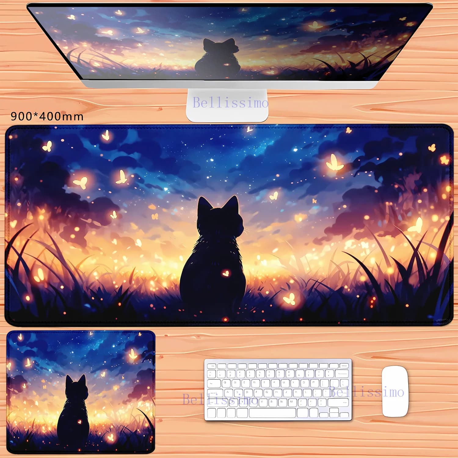 XXL teclado Tappetino per mouse in gomma Tappetino da gioco grande Tappetino per mouse nero carino Kawaii Black Cat cielo stellato Tappetino per mouse estetico