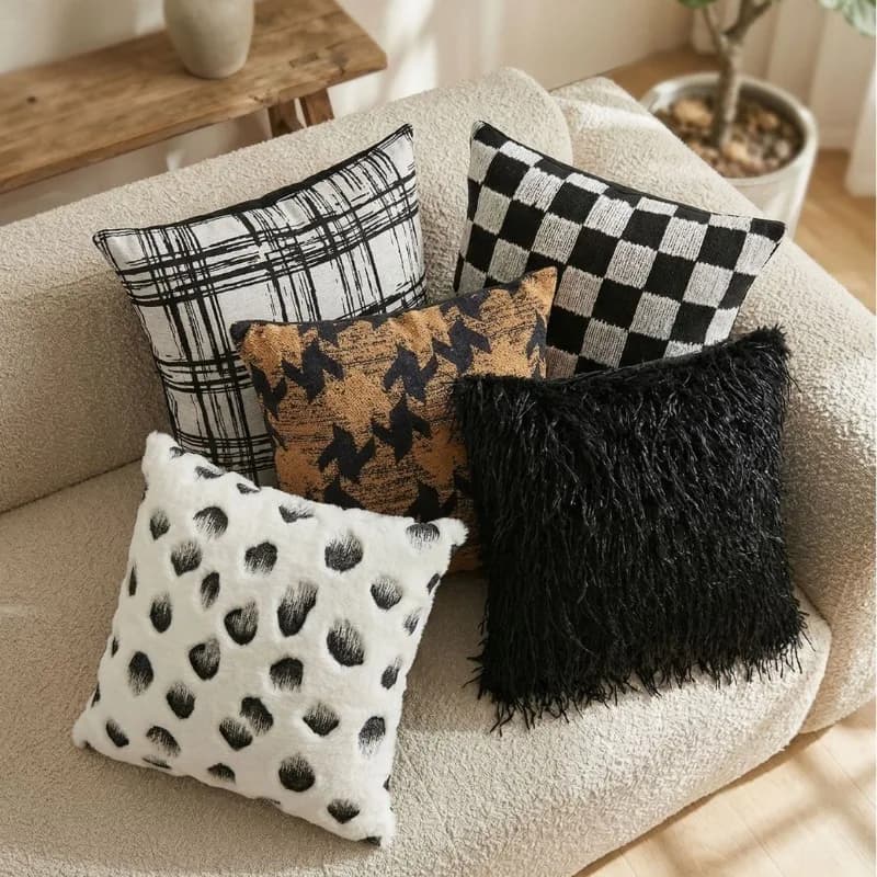 Fodere per cuscini in peluche alla moda, bianche e nere, con orlo, per divano e camera da letto, decorazioni moderne di lusso per la casa