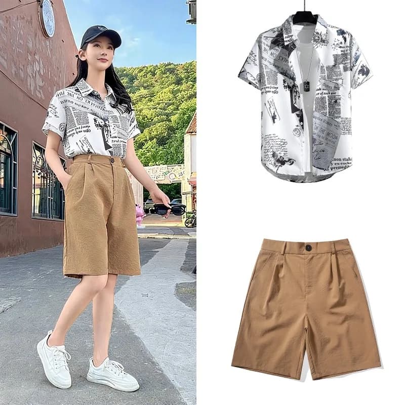 Set Sleeve Shirts Court and Shorts, Top Printed White and Trousers Kaki, Top Printed Black Clothing Men and Women