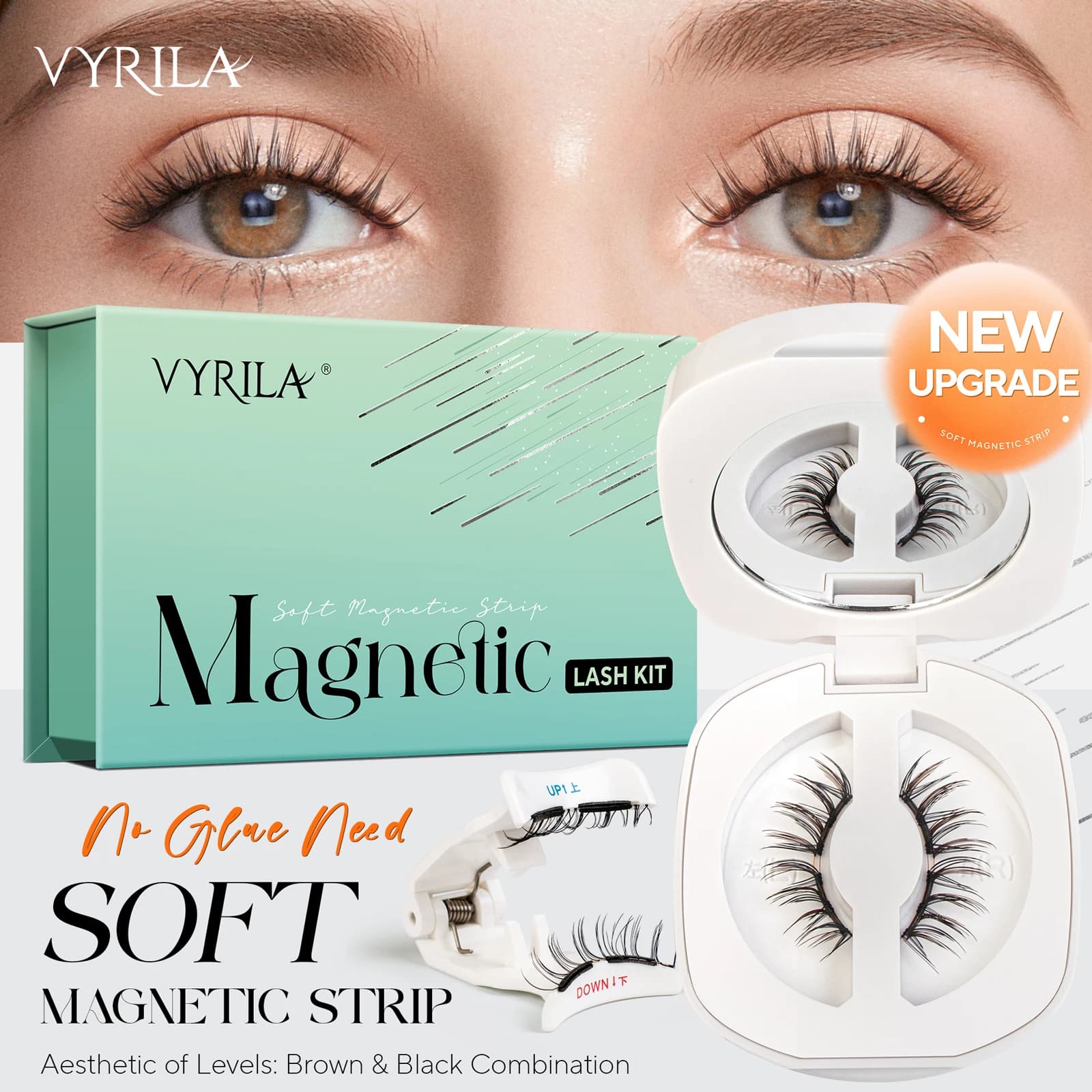 VYRILA Upgrade Magnetic eyelashes Brown/Black Soft magnetic eyelashes reusable with applicator Natural appearance No glue needed Eyelash kit