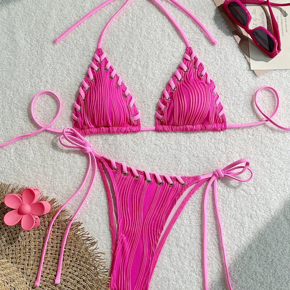 Costume da bagno bikini sexy da donna a tinta unita con lacci, due pezzi, per piscina, estate, nuovo, per vacanze al mare, dolce costume da bagno da donna alla moda