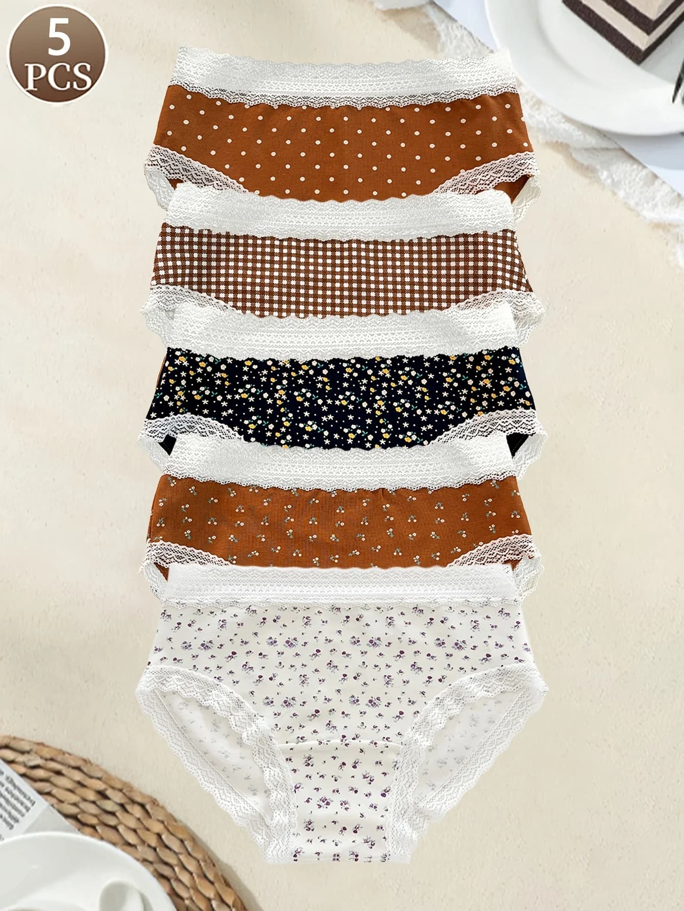 5PCS women's panties floral print retro lace underwear casual sports underwear mid waist comfortable and soft women's briefs