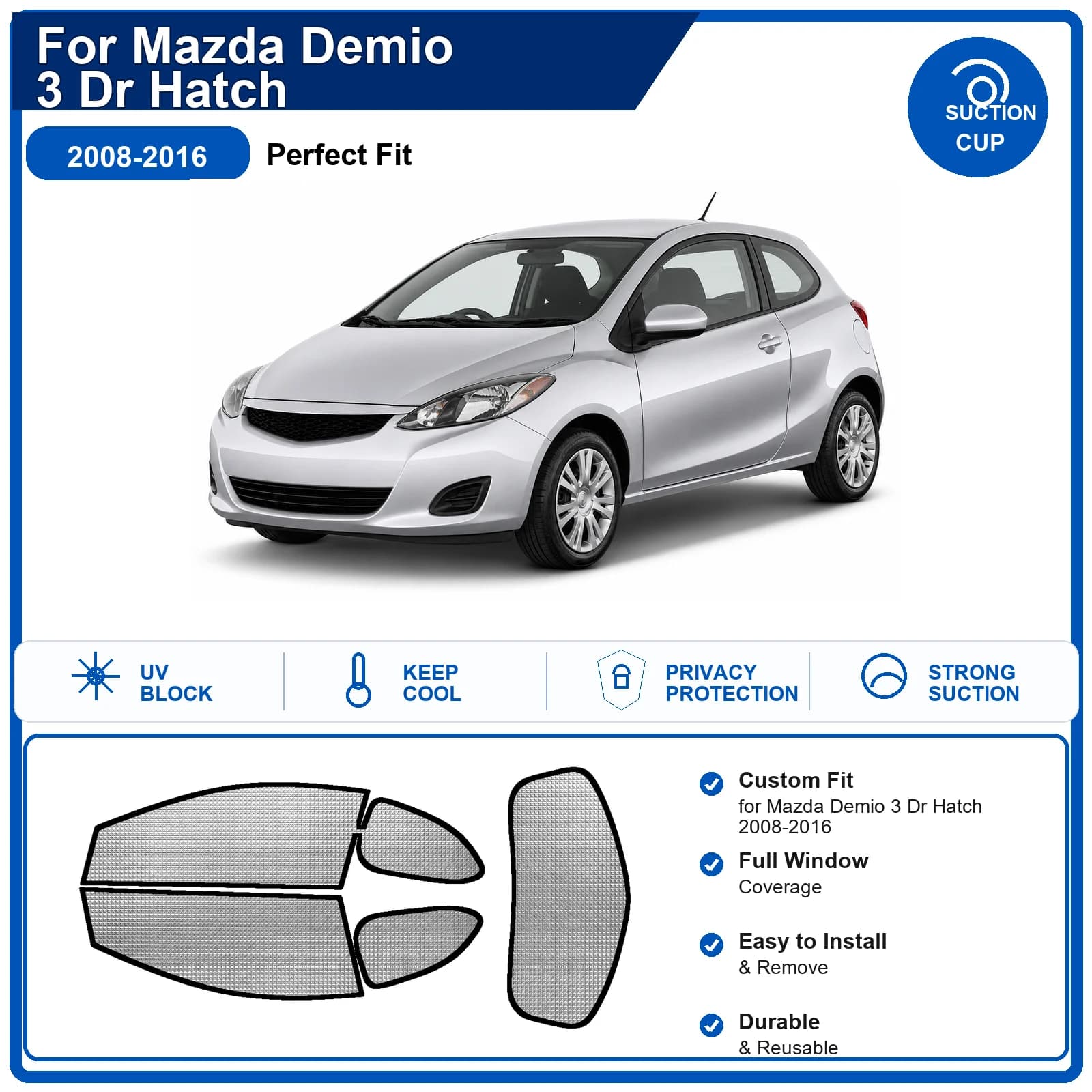 For Mazda Demio 3 Dr Hatch 2008-2016 Custom Full Set Windshield Sun Shade Aluminum Foil Heat Insulation Anti UV Foldable