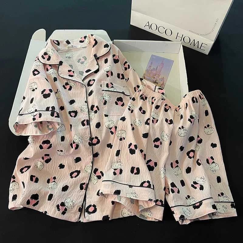Hello Kitty Pink Leopard Print Pajama Set Women's Short Sleeve Top Shorts Cute Cartoon Sanrio Kawaii Leisure Fashion Loungewear