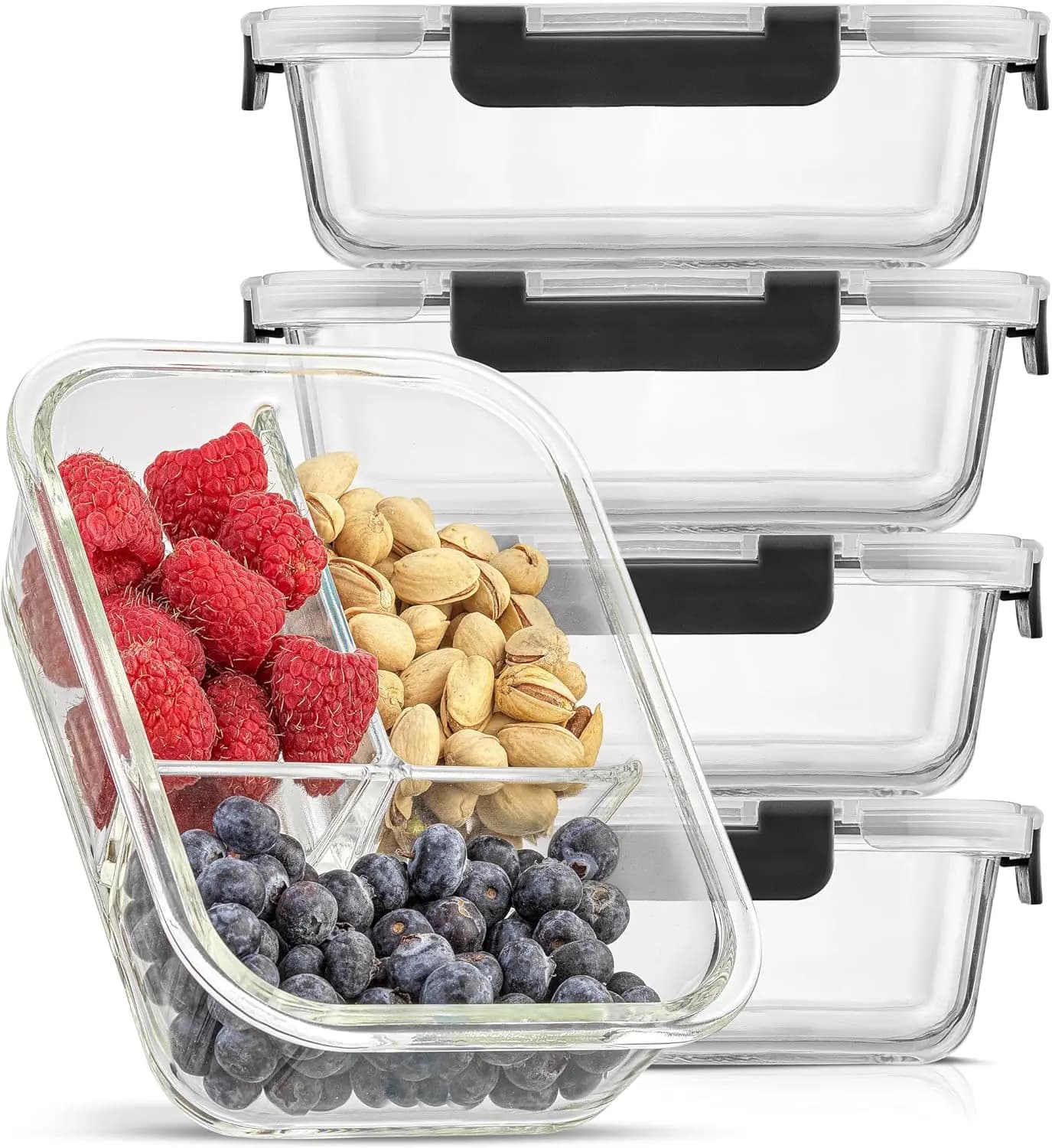 Set di 5 Contenitori in Vetro per Preparazione Pasti con 3 Scomparti e Coperchi, Ermetici per Controllo Porzioni e Conservazione Alimenti