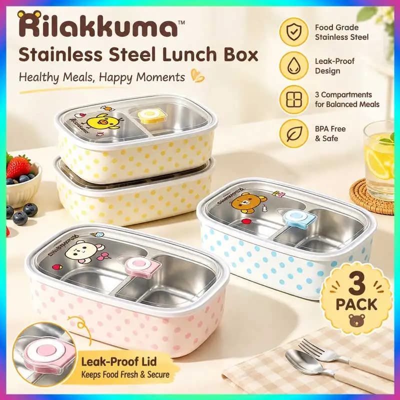 Genuine Mtutu Rilakkuma Stainless Steel Bento Box Divided Leakproof Lunch Container Portable For Picnic Office Outdoor Meal Prep
