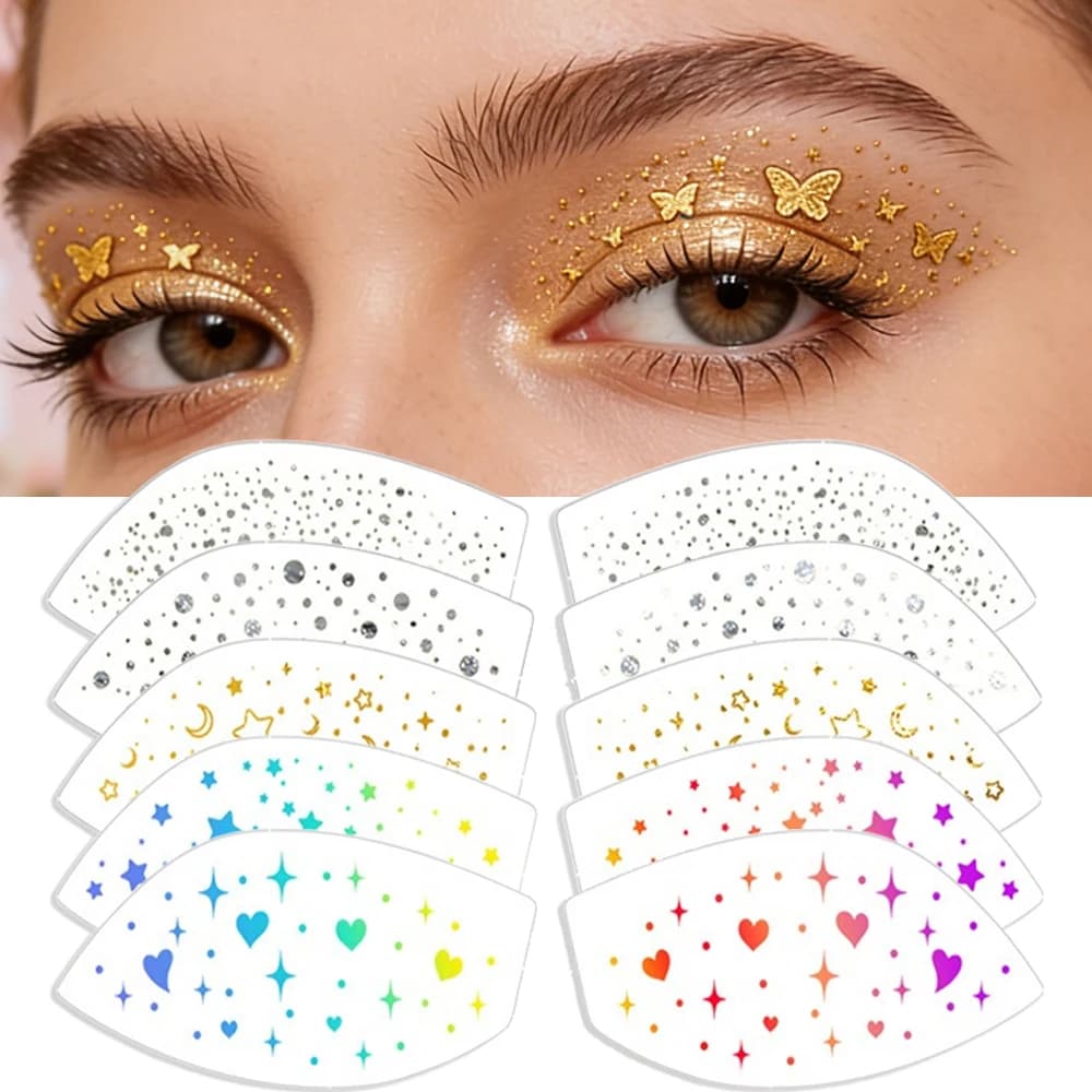 Set da 6 Pezzi di Patch Ombretto Temporaneo Effetto Glitter Metallizzato Argento Impermeabile per Trucco Viso da Festa per Donne