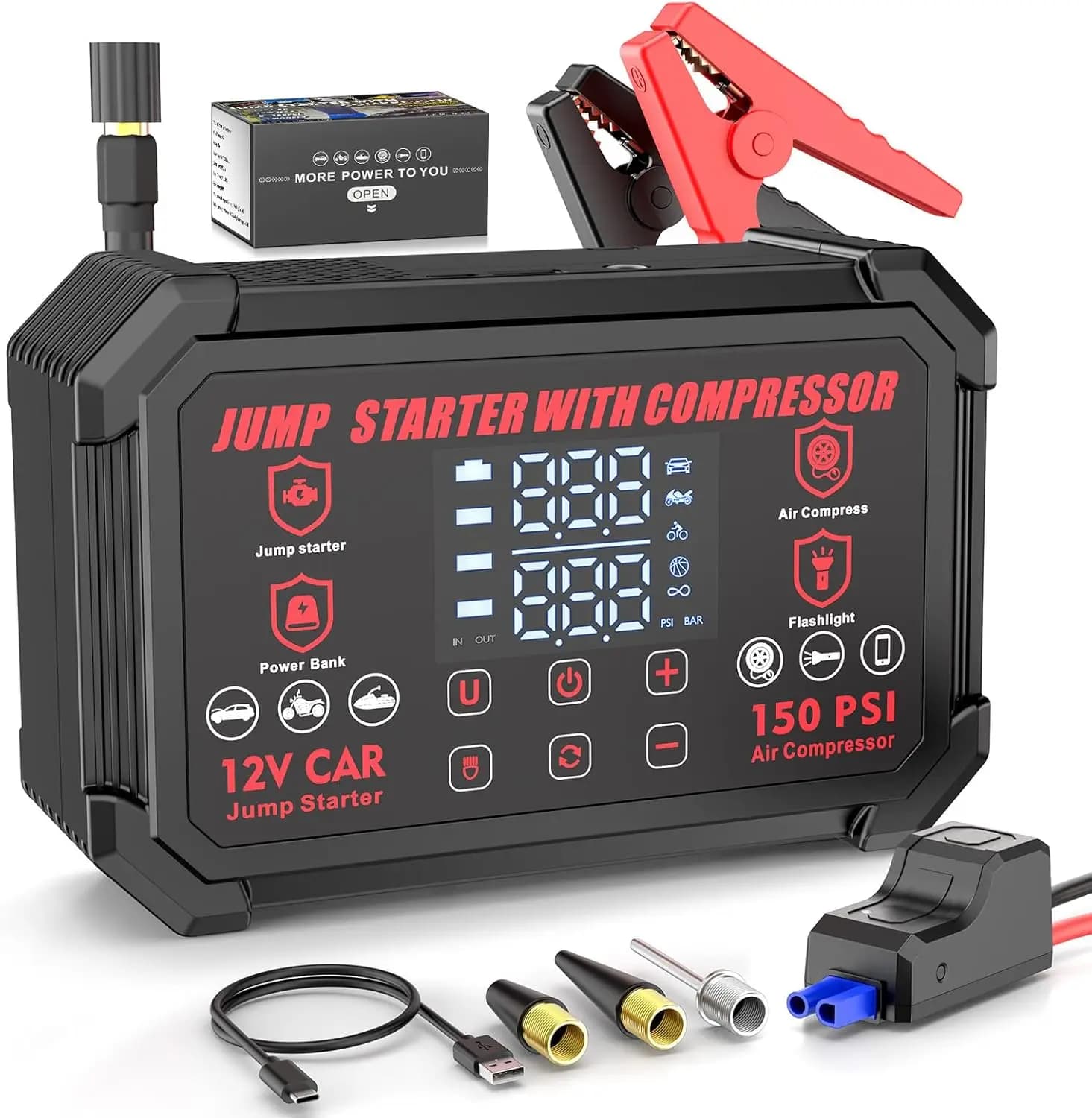 Avviatore di Emergenza per Auto 4000A con Gonfiatore Pneumatici 150PSI, Luce LED e Display per Veicoli a Benzina/Diesel