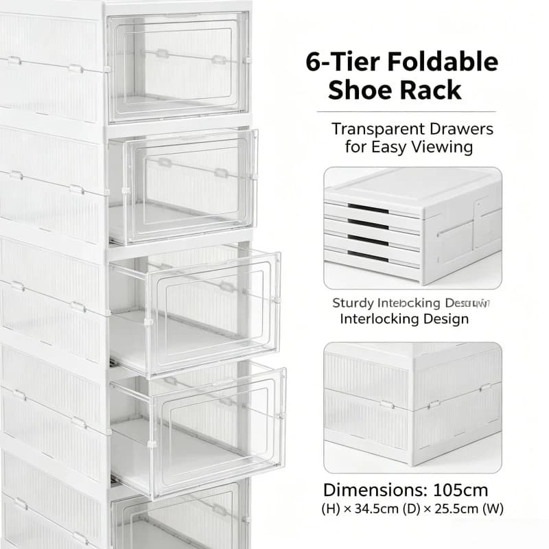 6 Layers Transparent Shoe Storage Boxes Stackable Foldable Dustproof Sneaker Organizer Rack for Home Closet Cabinet