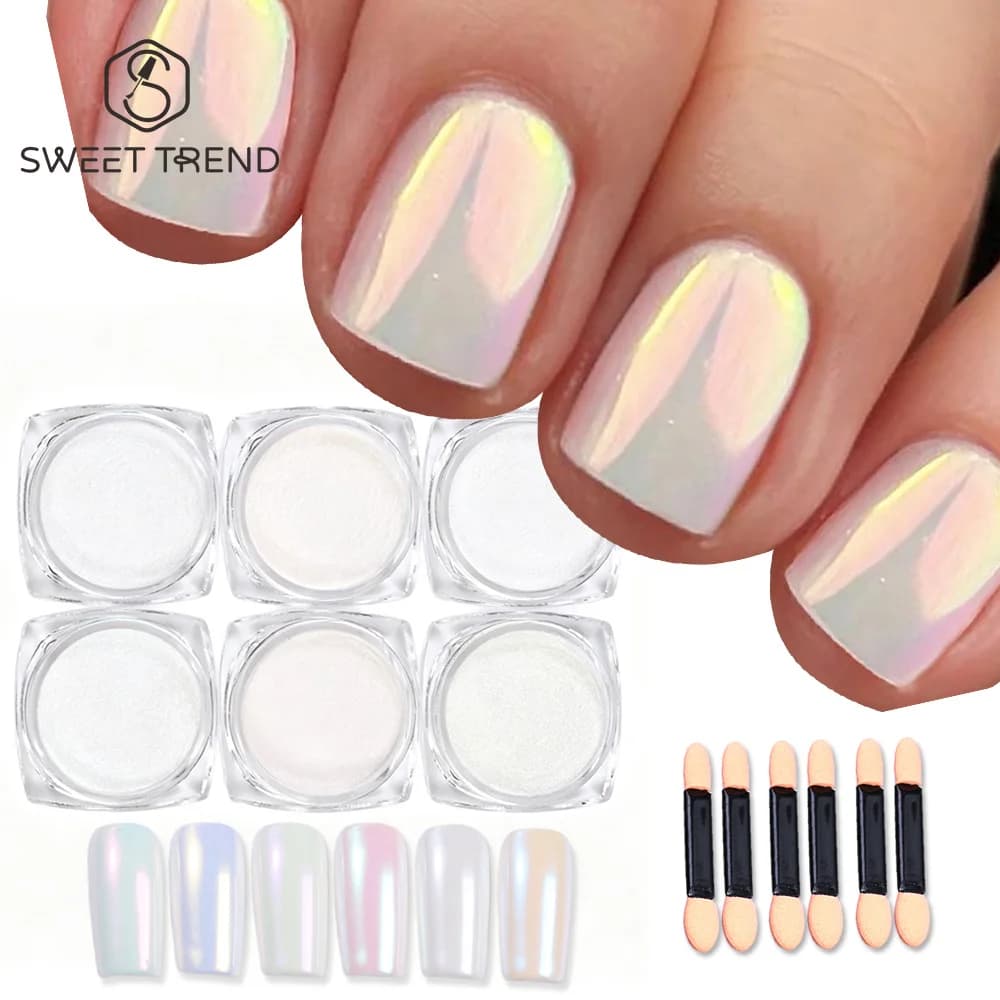 SWEET TREND-6pcs Aurora Pearl Rainbow Chrome Nail Powder Clear White Moonlight Nail Powder Pigment Rubbing Dust Nail Supplies