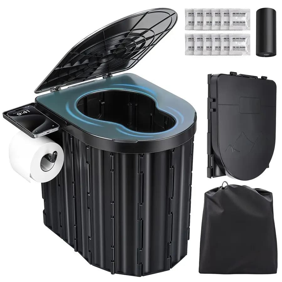 WC per adulti, WC pieghevole in plastica, con coperchio e portarotolo vasino da viaggio per campeggio, escursionismo, camper, pesca