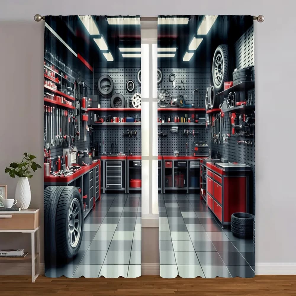2 Pezzi, Tende con Stampa Digitale, Tema Attrezzi da Garage e Officina, Versatili, 100% Poliestere (Senza Asta), Ideali per Soggiorno e