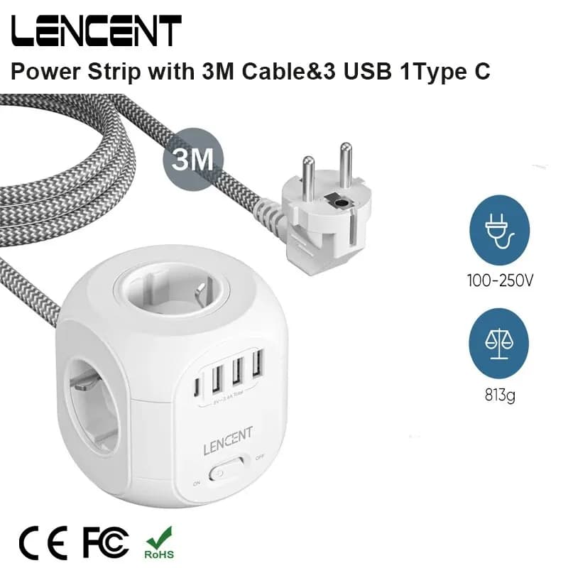 LENCENT Plug EU Multi-prise Cube with 4 AC sockets 3 USB ports 1 Type C 3M cable Multi-piece socket with home switch