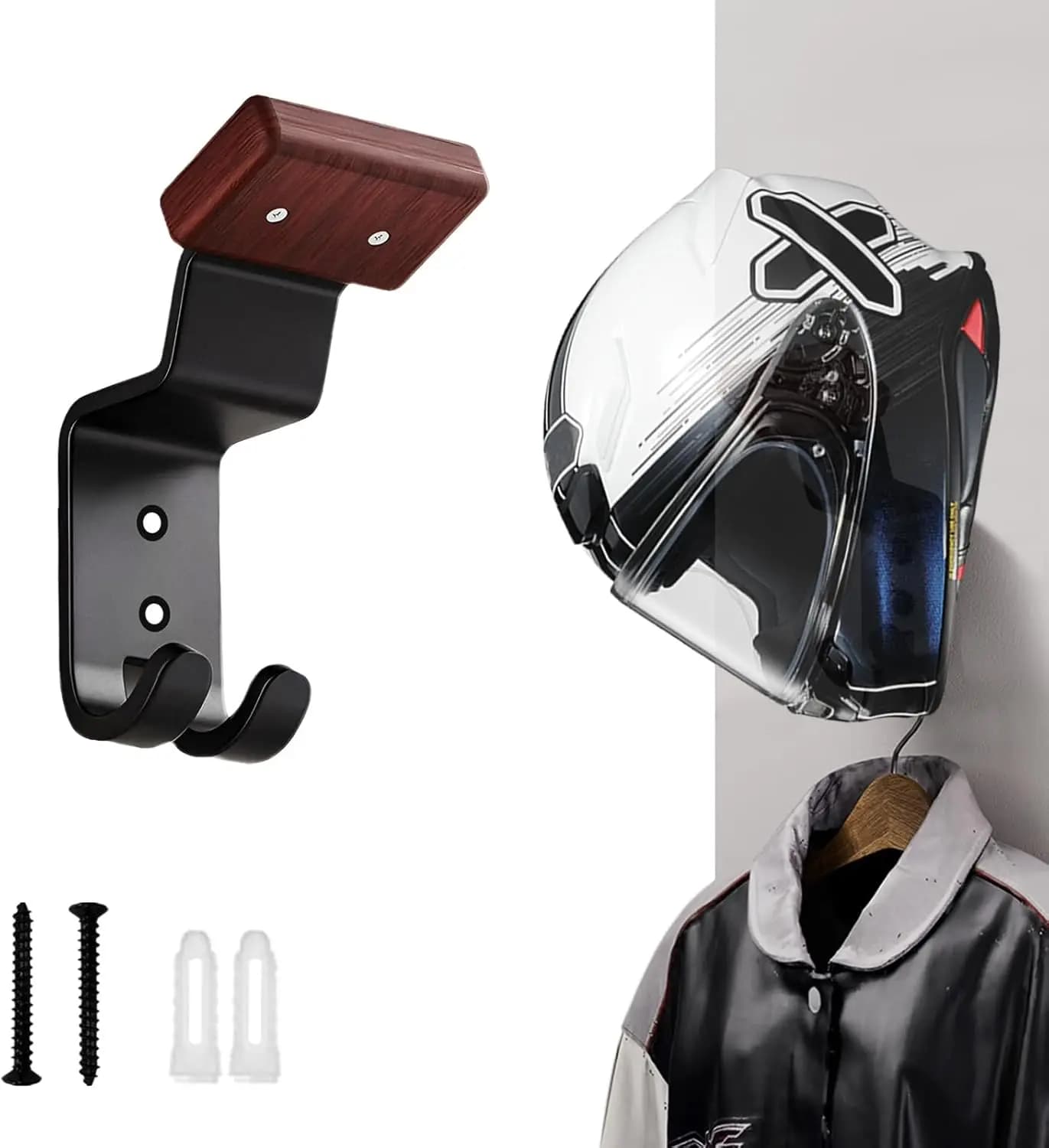 Motorcycle Helmet Holder Wall Mount, Heavy Duty Helmet Hanger Rack with Key Hooks for Bike, Football, Ski Gear & Jackets