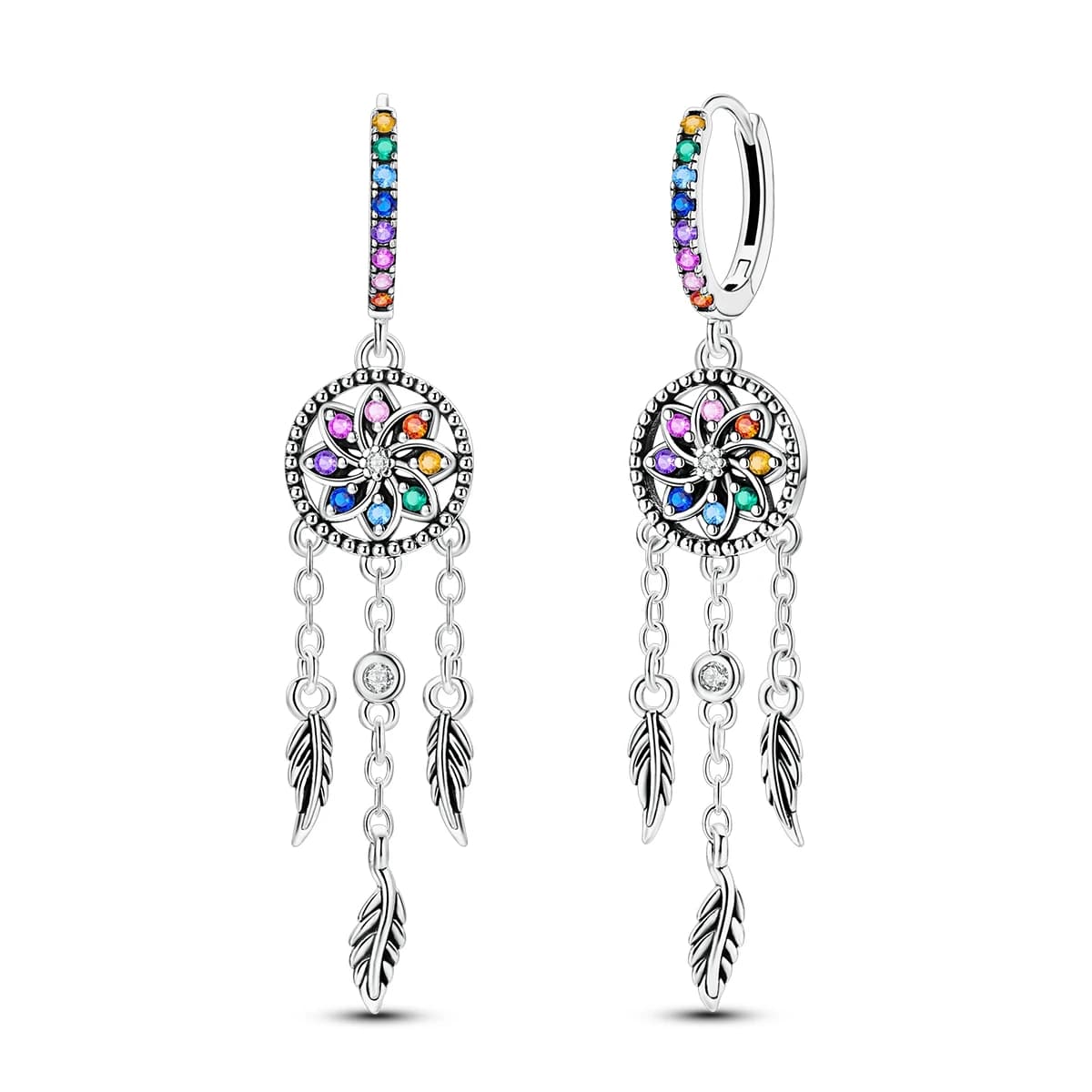 925 Sterling Silver Rainbow CZ Dreamcatcher Tassel Feather Dangle Earrings For Women Boho Long Drop Hoop Ear Jewelry