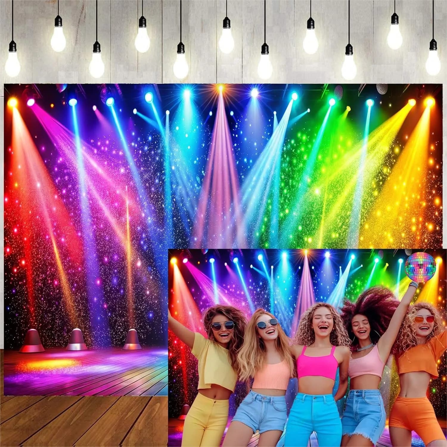 Sfondo per Palcoscenico Arcobaleno 7x5ft con Luci al Neon per Decorazioni per Feste