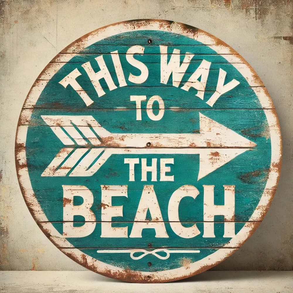Vintage Round Beach Direction Metal Sign | 8 Inch Teal Green Arrow Wall Art for Home, Bar & Patio | New Home Gift
