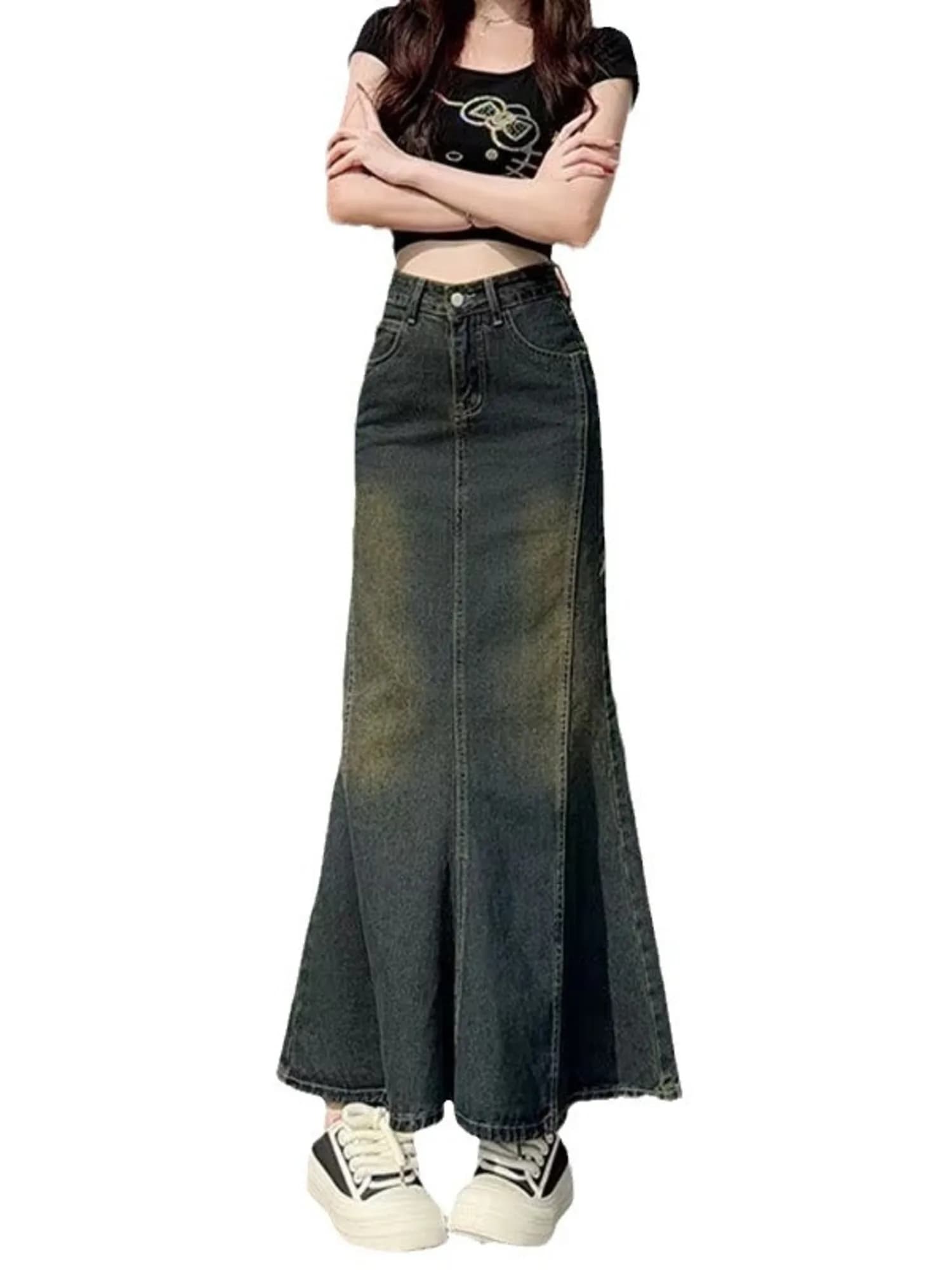 Gonna lunga da donna in denim vintage lavato a vita alta con coda di sirena, effetto sfumato, nera e grigia