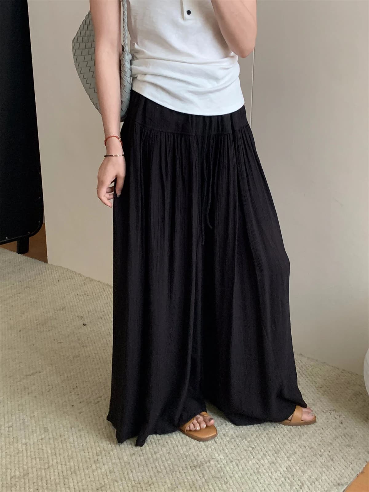 Korean Style Breathable Loose Women's Pants Skirt Washed Cotton Pleated Two-Way Wear Wide Leg Pants Skirt Gentle Wrinkle